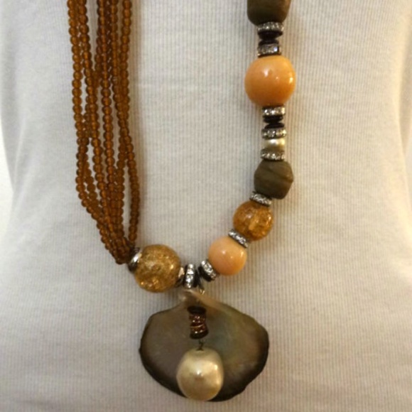 VTG Runway Glass Bead Baroque Pearl Shell Necklace - Picture 6 of 8
